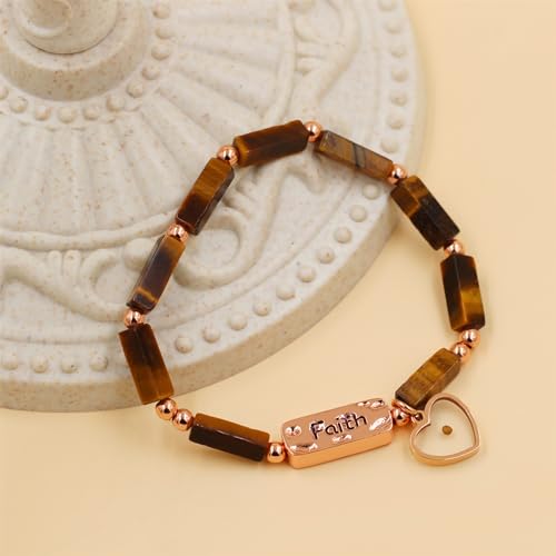Image of Elastic Faith Bracelet for Women, Adjustable 7 inch Natural Stone Bracelet with Heart Mustard Seed Charm, Spiritual Christian Jewelry for Baptism, Graduation, Religious Celebration YA4856