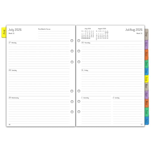Agenda semainier 2026-2027, format A5, 6 trous, 1 semaine sur 2 pages avec onglets, notes, contact,...