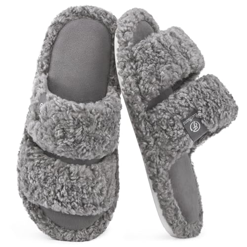 EverFoams Women's Fuzzy Open Toe Slippers Comfy Soft Memory Foam Indoor House Shoes