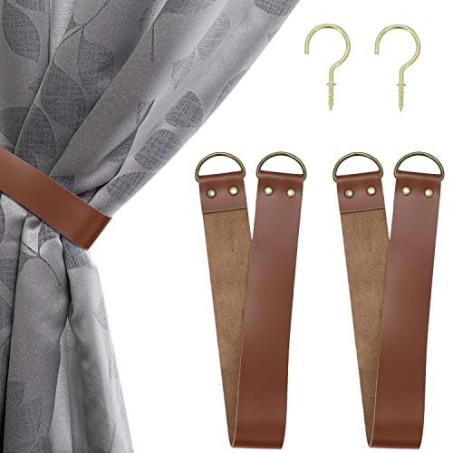 Leather Curtain Tiebacks Vintage Tie Backs for Outdoor Curtains Pull Backs with 2 Metal Hooks Drapery Holdbacks for Office Home Living Room Bedroom 2 Pcs (Wide,Dark Brown)