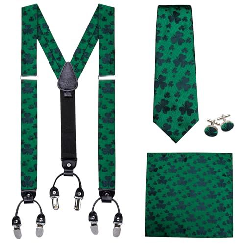 Image of Barry.Wang Men Suspender Set with Necktie Elastic Y Type Heavy Duty 6 Clips Braces Tie Handkerchief Cufflink Pin 6PCS