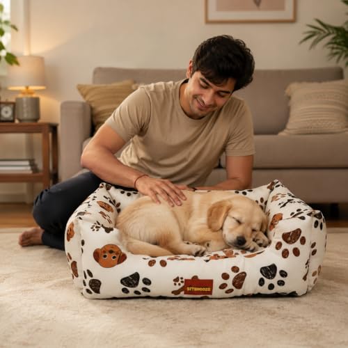 Image of SITSNOOZE Small Dog Bed (Up to 5kg) for Shih Tzu, Pomeranian, Chihuahua Puppies - Plush Soft Washable Bed, Orthopedic Cushion, Indoor Waterproof Anti-Slip Bottom Pet Mattress (Beige Printed, S)