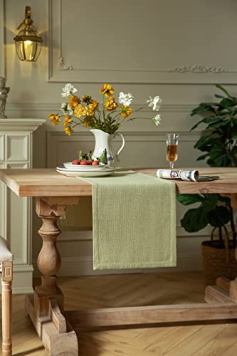 Image of ZeeMart Burlap Style Farmhouse Table Runners 36 Inches Long, Sage Green Rustic Woven Dining Table Runner for Everyday Use, 14x36 Inches, Light Sage Green