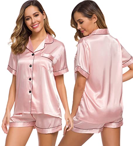 Image of SWOMOG Womens Silk Satin Pajamas Set Short Sleeve Sleepwear Button Down Top and Shorts Loungewear 2 Piece Pjs Set XS-3XL