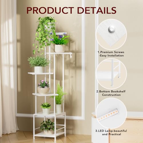 Image of Homsorout Plant Stand Indoor with Grow Light - 6-Tier Metal Plant Shelf with Hanging Basket Hook, Corner Tall Flower Holder for Multiple Plants, Living Room Balcony Garden Patio, White