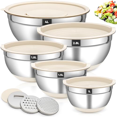 Fire More Set de 5 Saladier avec Couvercle, 4L/3L/1,8L/1,5L/1L Saladier en acier inoxydable, Cul de Poule Inox avec Hermétiques & 3 Râpeurs, BAntidérapants...