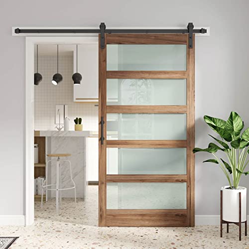 Image of FREDBECK 42 x 84 inch Glass Barn Door with 7FT Barn Door Hardware Kit & Handle Included,5-Panel Frosted Glass,Wood Panel, Water-Proof Surface,Pre-Drilled Holes,Need Assembly