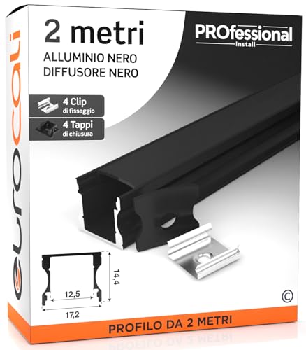 Eurocali 1x Profilo da 2 metri (2mt) in Alluminio Nero per Strisce LED Copertura Opaca larghezza max striscia led 12 mm - 17.2 x 14.4