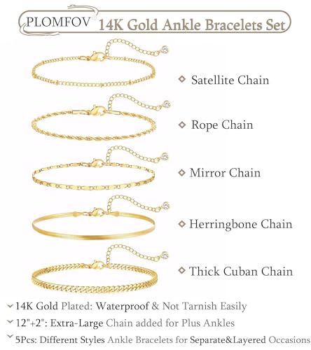 Image of Plus Size Gold Ankle Bracelets for Women Big Ankles, Adjustable Ankle 14K Real Gold Plated Cuban Link Chain Figaro Snake Herringbone Extra Large Anklet Bracelets,Summer Beach Foot Jewelry 10-12inch