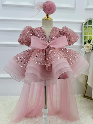 Sequins Pageant Princess Dress Toddler Girls Bubble Sleeves Birthday Party Dress Flower Girls Tutu Detachable Tail3