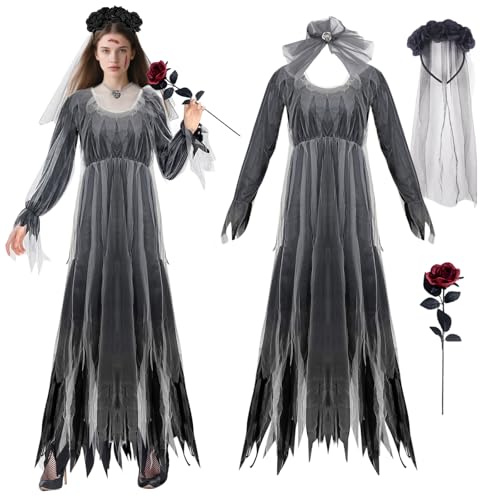SOETDERT Disfraz Novia Zombi Mujer, Disfraz de Halloween para Mujer, Novia Zombie Fantasma Vestido Largo y Gótico Terror Velo, Vampiro Vestido Disfraces Halloween Carnaval Fiestas Cosplay