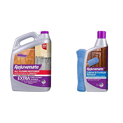 Rejuvenate All Floors Restorer and Polish Fills in Scratches Protects & Restores Shine No Sanding Required (128 oz) and Rejuvenate Cabinet And Furniture Restorer Fills In Scratches, Shines And Protects Indoor Cabinets And Furniture, 16 Ounces