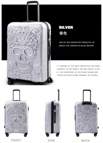 24-Inch Expandable Silver Skull Suitcase - PC ABS TSA Luggage Lock Spinner Travel Trolley Bag3