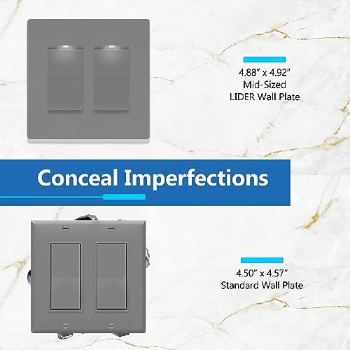 Image of LIDER Decorator Switch Cover, Screwless Wall Plate, Mid-Size 2-Gang 4.88 inch x 4.92 inch, LSWP-32M-GY, UL Listed, Thermoplastic, Matte Gray, 1-Pack