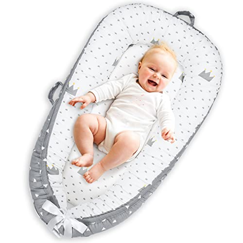 Image of Uaugh Baby Lounger & Infant Floor Seat, 100% Soft Breathable Cotton, Perfect for Lounging & Tummy Time, Adjustable & Portable for Travel| Baby Essentials for Newborn Shower Gift (Crown)