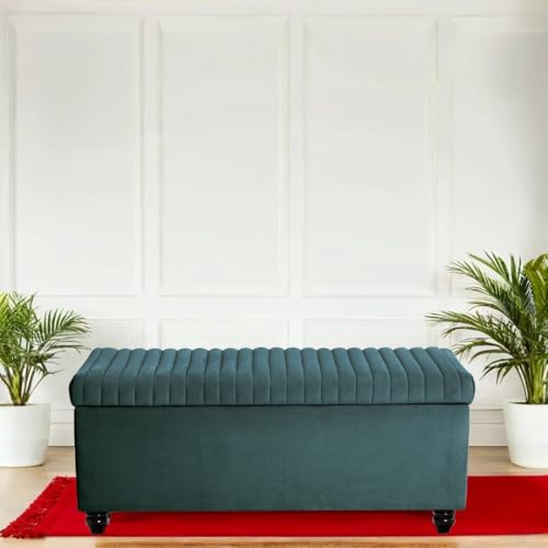 Image of 2 Seater Upholstered Ottoman Bench with Storage Settee Sofa Couch Button Tufted Pouffe for Living Room Bedroom Office (Osean Green)