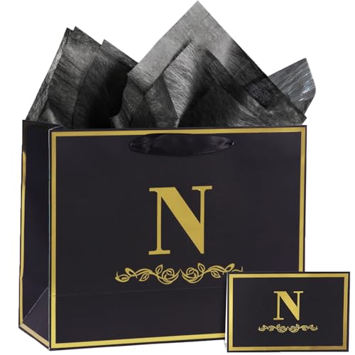 momoake Alphabet Birthday Gift Bag with Card and Tissue Paper for Men Women, 13' Large...