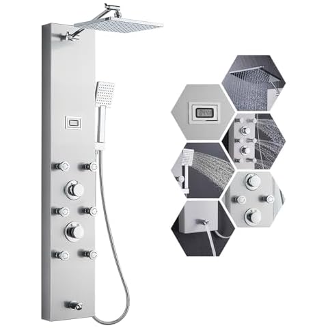 MENATT 304 Stainless Steel Shower Panels System with 6 Body Jets, Shower Tower with Adjustable 9 inch Rainfall Shower Head, Handheld Shower Wand, Brushed Nickel Cover