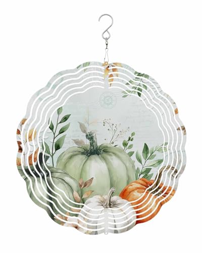 Autumn Wind Spinners, Sage Green Orange White Pumpkin Leaves Hanging Wind Spinners for Yard and Garden 3D Stainless Steel Metal Sculptures Crafts Ornaments 12 Inch