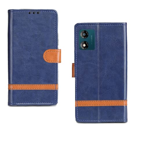 Image of Motorola E13 Flip Case | Leather Finish Flip Cover | Flip Cover for Motorola E13 - Blue Stripe