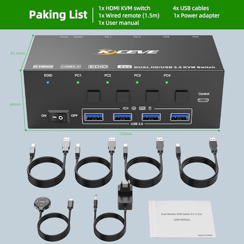 Commutateur KVM HDMI USB 3.0 double écran pour 4 PC 8K - 7
