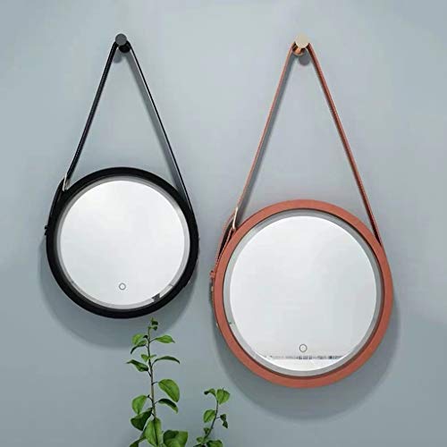 Round Led Lighting Mirror Wall-Mounted Mirror Anti-Fog Pu Frame Hanging Mirror With Faux Leather Strap Make Up Silver-Backed Mirror For Bedroom, Living Room 20" ( Color : Black , Size : 50Cm/19.7In ) #TOP4