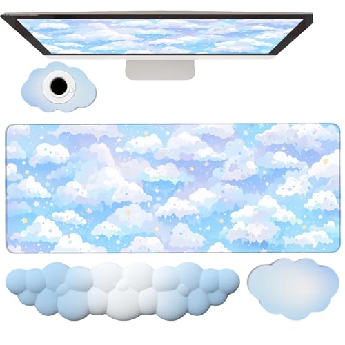 Blue Cloud Mouse Pad and Keyboard Wrist Rest 4PCS Extended Large Stars Desk Mat Pad Set Memory Foam Non-Slip Ergonomic Cute Gaming Mouse Pad Wrist Support for Computer Laptop Home Office