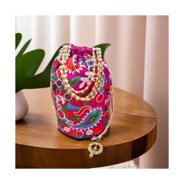 Rhaa Craft Bridal Potli | Paisley Embroidered Purse with Handle for Women, Girls, Teens | Ladies Purse Handbag | Royal Clutch Silk Batwa Bag | Pink Potli - Image 4