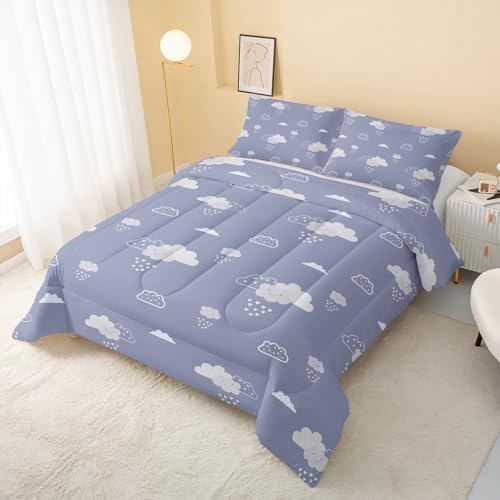 Image of QOOMO Cartoon Clouds Kids Comforter Set,Cute Weather Bedding Set Full Size for Room Decoration,Haze Blue Bed Set Microfiber Lightweight All Season,1 Comforter Set 2 Pillowcases