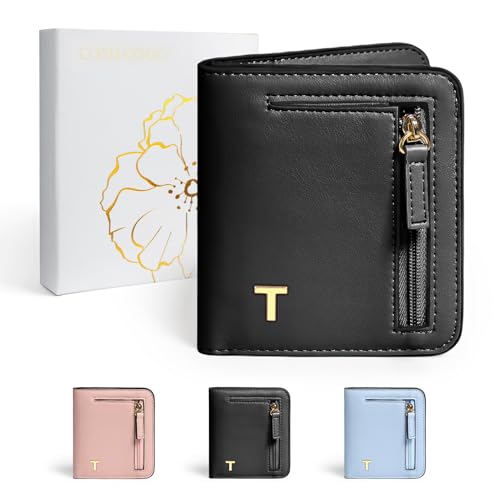 COSHASYOO Womens Initial Letter RFID Small Wallets Monogram Slim Thin Ladies Wallet Travel Credit Card Cash Coin Holder, Women Fashion Accessories Daily Use Outfits Essentials Cool Gifts Black T
