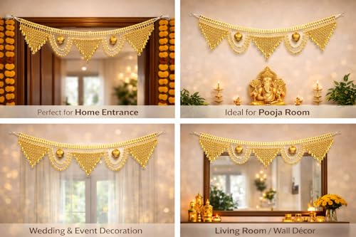 Image of Premium Golden Beads Toran for Door | Designer Bandarwal with Leaf Motifs & Hanging Bells | Traditional Door Decoration for Diwali, Wedding, Griha Pravesh & Pooja