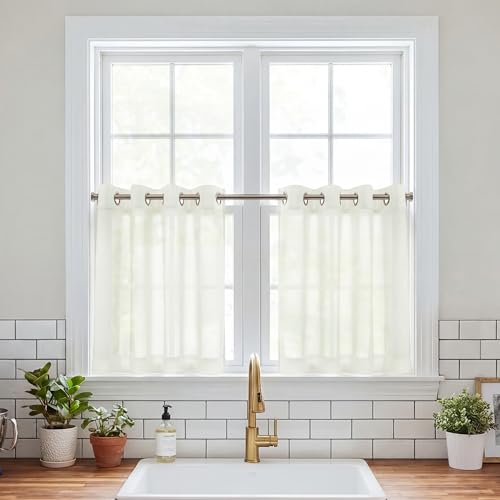 PONY DANCE Visillos Cortos para Ventanas, Cortinas Translucidas Fitrado de Luz con Ojales para Cocina/Dormitorio 2 Piezas,140x100cm,Beige Claro