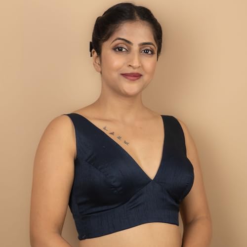 Image of FIGURE'S DESIGNER Women's Dupion Raw Silk Sleeveless V Neck Sabyasachi Cut Readymade Saree Blouse Padded Stitched S4