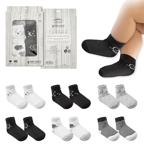 Image of Baby Socks 0-6 Months - 6 Pairs, Organic Cotton Infant Socks, Unisex, Soft & Hypoallergenic Newborn Socks, (US, Age, 0 Months, 6 Months, 6, Black - White - Gray)