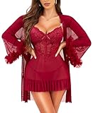 RSLOVE Women Sexy Lingerie Set - 2 Piece Babydoll with Lace Kimono Robe Strap Chemise Mesh Sleepwear Wine Red XXL