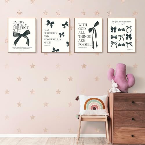 Image of LARTSFRO Coquette Black Bow Bible Wall Art Decor Posters, Black Bow Room Bedroom Bathroom Dorm Wall Art Decor Aesthetic for Teen Girls Gifts, Inspirational Bible Verses Bow Wall Decor, 12x16 Inch Set of 4 Pcs Bow Pictures (UNFRAMED)