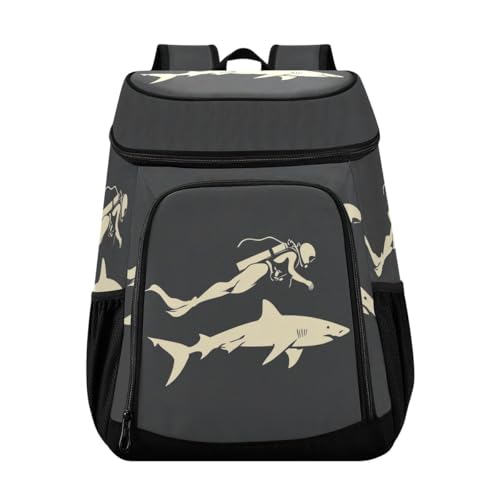 Diver Shark Gray Cooler Backpack Leakproof Insulated Lunch Cooler Bag 30 Cans Camping Backpacks for Picnic Beach Road Trip
