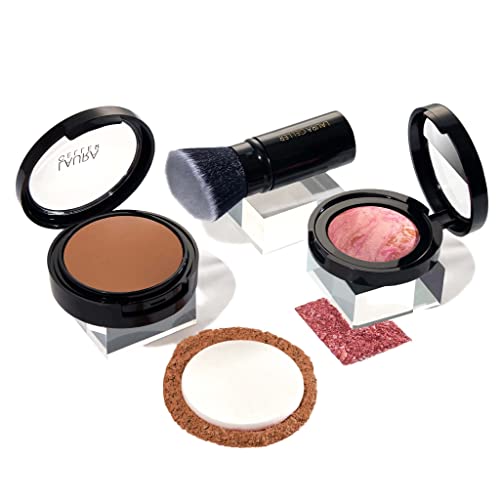 The Classic Matte Look (3 PC) LAURA GELLER NEW YORK Double Take Baked Versatile Powder Foundation Deep, Retractable Kabuki Brush, Baked Blush-n-Brighten Pink Buttercream