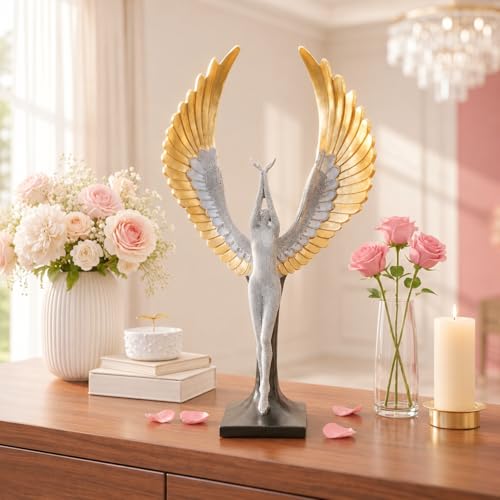Image of Amazon Basics Majestic Angel Wing Sculpture for Home & Office Decor | Modern Abstract Figurine Showpiece for Living Room, Console, Shelf & Bedroom Styling (Gold & Silver)