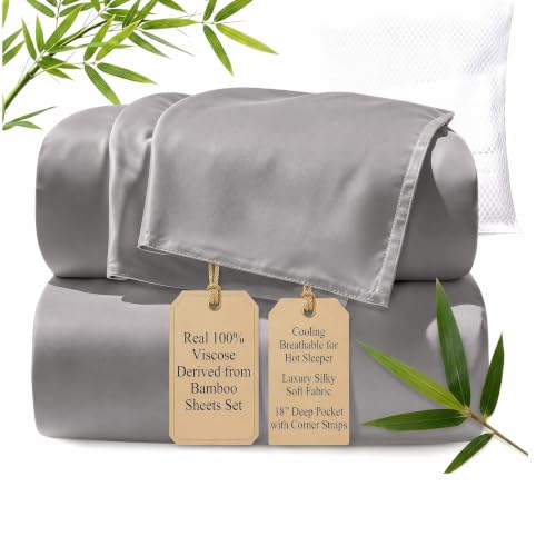 Image of TWK Real 100% Viscose Derived from Bamboo Sheets Set California King Size, Cooling & Silky Soft for Hot Sleeper, Breathable & Moisture Wicking Fabric, 18 inch Deep Pocket with Corner Straps