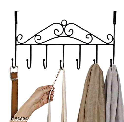 Over the Door Hook Rack with 7 Hooks, Black Metal | No Drilling Needed, Decorative Design, Fits Doors up to 1.85", Clothes & Key Organiser, Space Saving-image-28