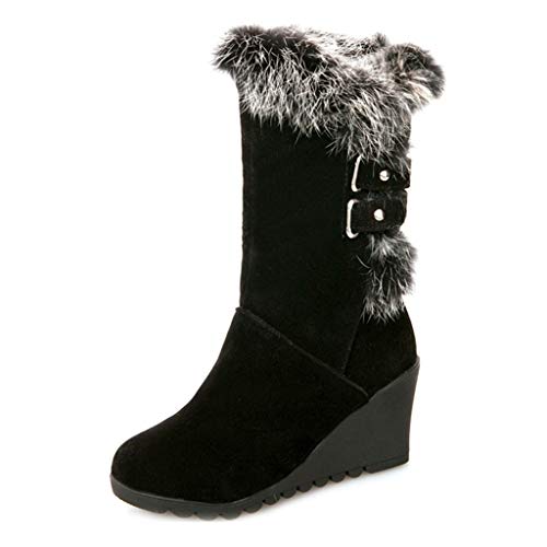 MIOKE Women's Winter Fur Wedge Snow Boots Mid Wide Calf Waterproof Buckle Slip On Platform Warm Snow Boot