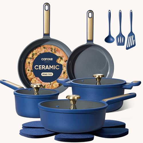 CAROTE Ceramic Cookwar Set, Pots and Pan Set Non Stick 16 Piece, Cookware Set Kitchen Cooking Set Non Toxic, PFAS PTFE Free, Blue