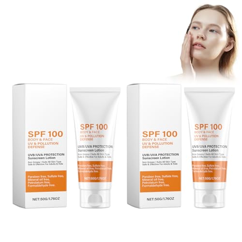 Loción Solar SPF 100 - Pack de 2, Sunscreen, Crema Protectora Facial y Corporal Resistente al Agua, Textura Ligera No Grasienta, Previene Quemaduras Solares, Adecuada para Todo Tipo de Pieles