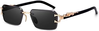 VALWICK Retro Rimless Sunglasses for Men and Women, Tiger side logo on Frame, Black Lens