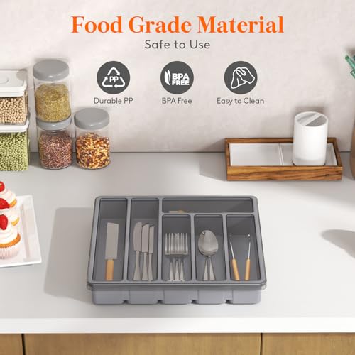 Lifewit Cutlery Tray with Lid, Cutlery Storage Box for Kitchen Drawer and Countertop, Utensil Flatware Silverware Holder Divider for Spoons Forks Knives Tableware, 6 Compartments, Grey