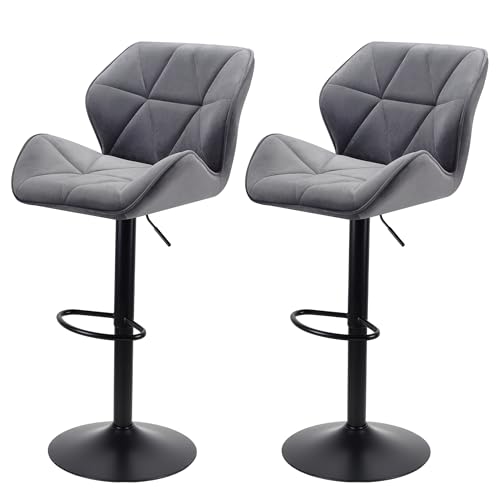 WangPangzi Set of 2 Velvet Bar Stools with Footrest,Adjustable Height & 360° Swivel, Gas Lift Counter Stools for Kitchen Island, Home Bar, or Breakfast Counter (Dark Grey)