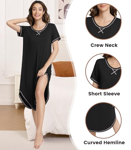 Image of NACHILA Women's Nightgowns-Viscose Made from Bamboo,Short Sleeve Sleepshirts Crew Neck Nightshirt Soft Sleep Dress