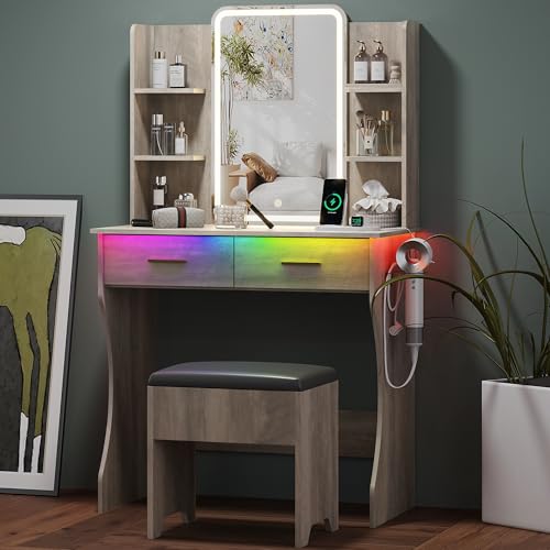 Image of Small Vanity Desk with Mirror and Lights, Makeup Vanity with LED Lights, Grey Vanity Mirror with Lighted Desk and Chair, 3 Lighting Adjustable Compact Dressing Table with Mirror for Women, Girls