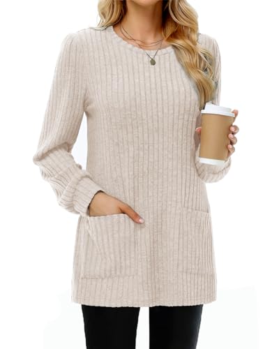 Tanmolo Damen Leichte Pullover Casual Rundhals Langarm Shirts mit Taschen Strickpullover Herbst Tunika Winter Oberteile Apricot, L